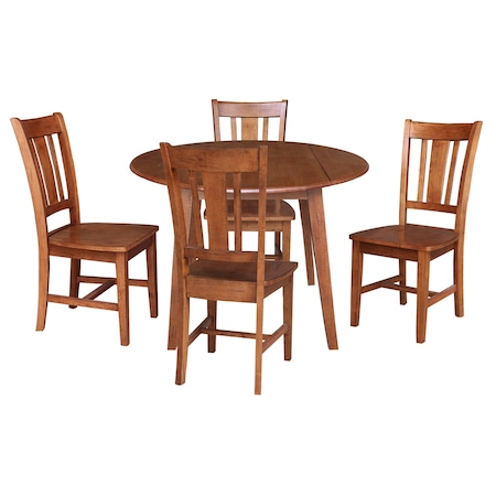 International Concepts 42 in. Solid Wood Round Dual Drop Leaf Dining Table with 4 Chairs in Distressed Oak K42-42DL-C10-4